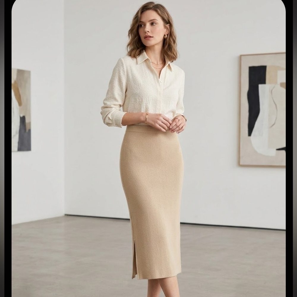 Tracy Reese Knit Midi Sweater Skirt Sand Beige Size S NWT Slim Fit